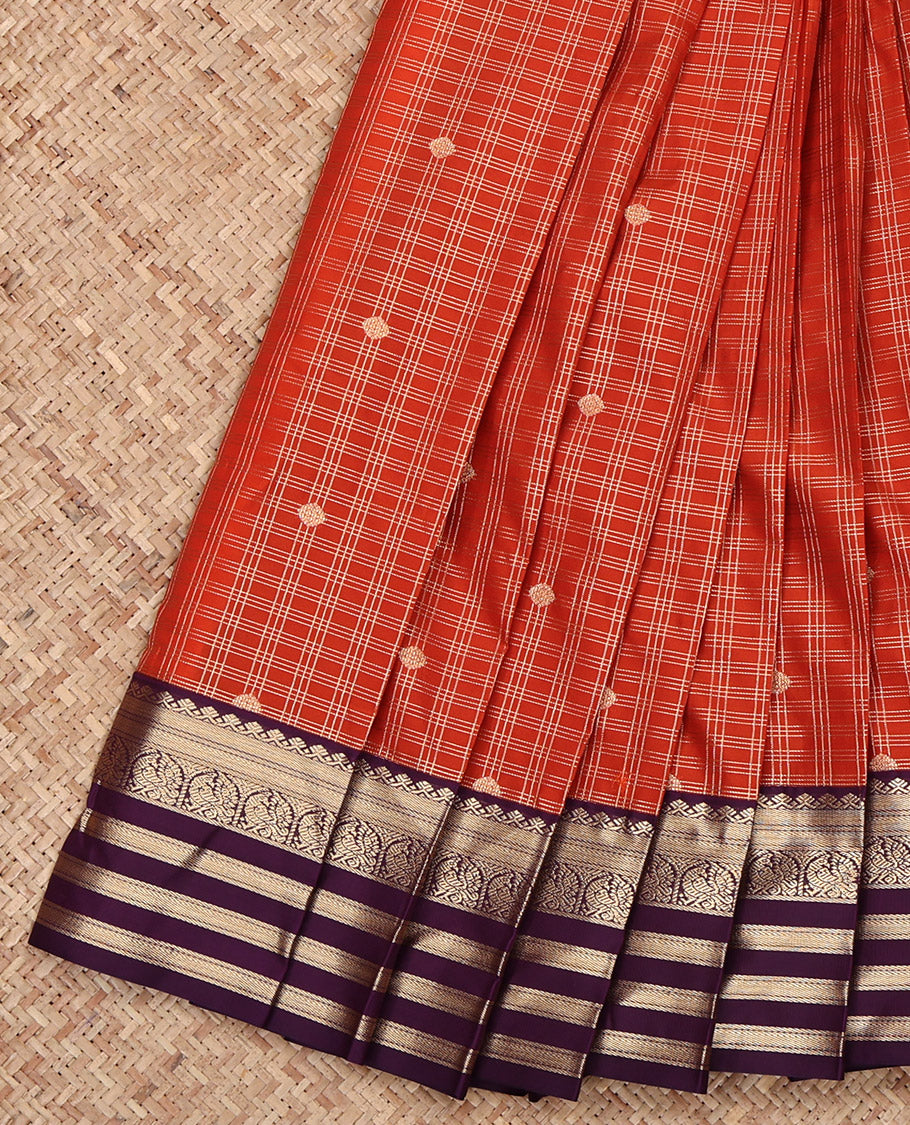 Dark Rust Budget Silk Saree, Finely Woven with Zari Buttas and Checked Design on Its Body, Complemented by a Contrast Traditional Zari Design Varisai Pettu Border, Pallu of Jaal Designs, and Paired with a Contrast Blouse
