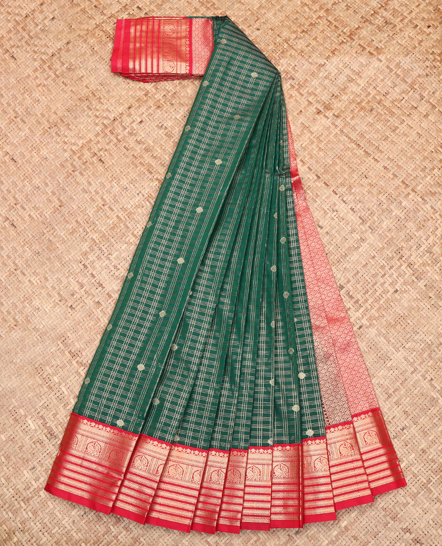 Dark Green Budget Silk Saree, Enriched with Zari Buttas and Checks, Complemented by a Contrast Traditional Zari Design Border, Jaal Pallu, and a Contrast Blouse