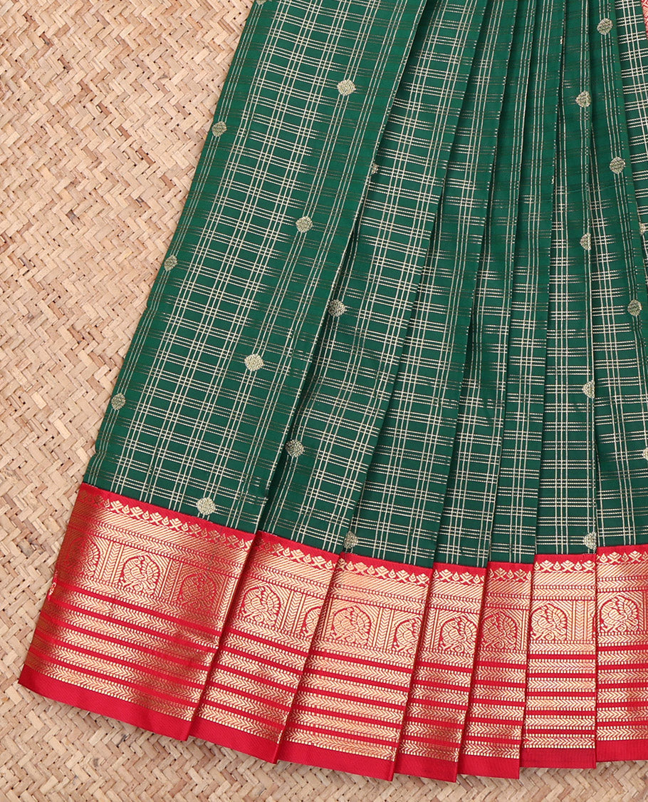 Dark Green Budget Silk Saree, Enriched with Zari Buttas and Checks, Complemented by a Contrast Traditional Zari Design Border, Jaal Pallu, and a Contrast Blouse