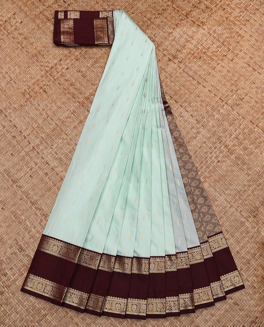 Blue Budget Silk Saree, Subtly Sparkled with Temple Buttas, Complemented by Contrast Traditional Rettai Pettu Border, Grand Pallu and a Contrast Blouse