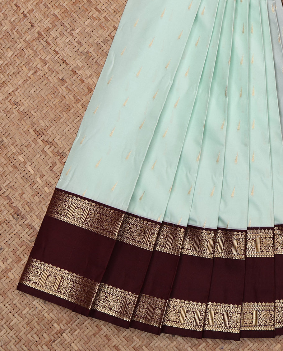 Blue Budget Silk Saree, Subtly Sparkled with Temple Buttas, Complemented by Contrast Traditional Rettai Pettu Border, Grand Pallu and a Contrast Blouse