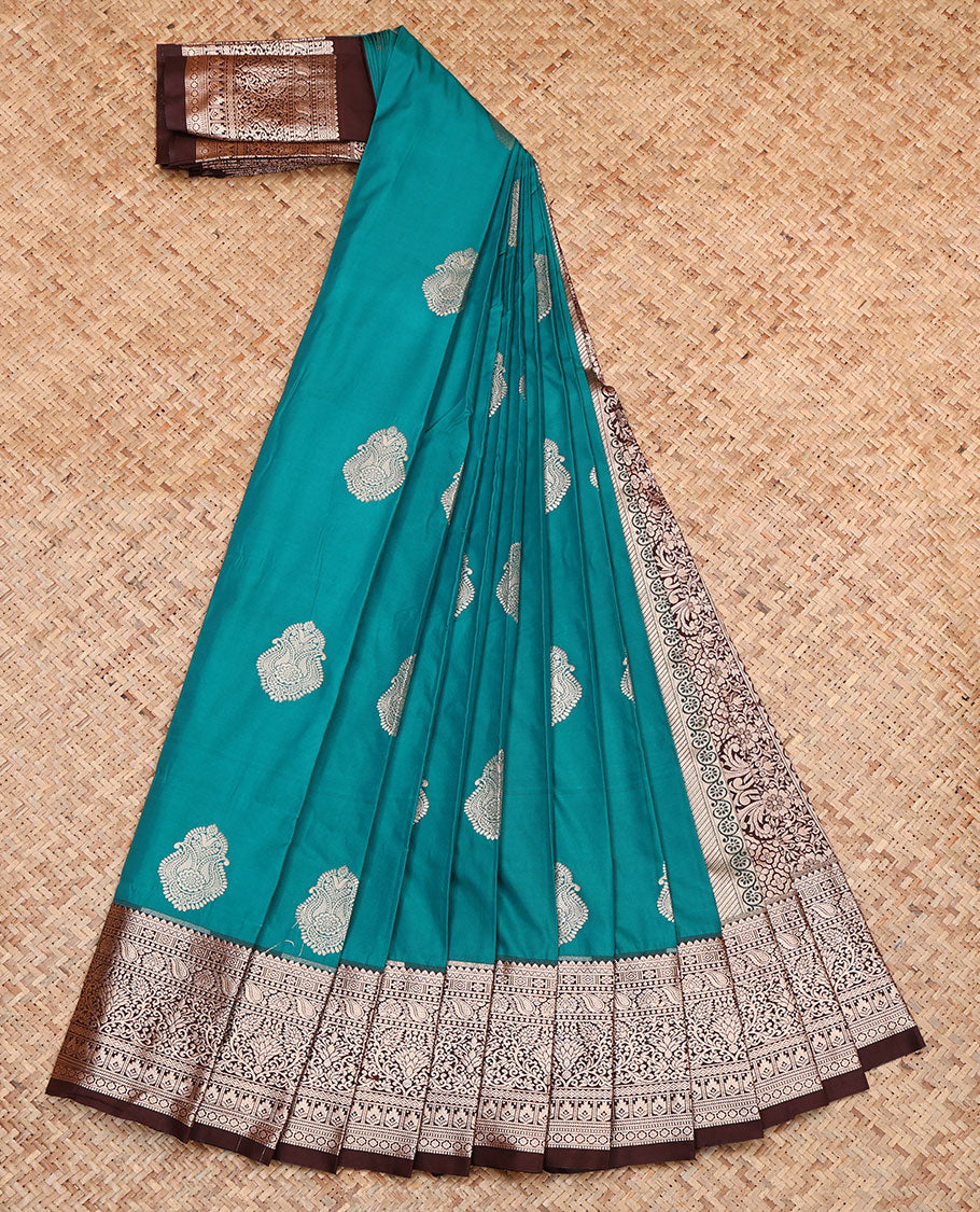 Green Budget Silk Saree, Masterfully Woven with Zari Buttas, Complemented by a Contrast Traditional Zari Border, Pallu of Intricate Designs, and a Contrast Blouse