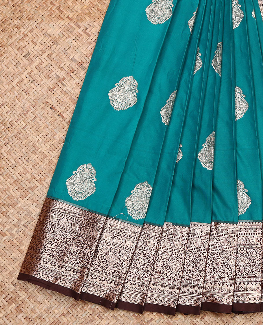 Green Budget Silk Saree, Masterfully Woven with Zari Buttas, Complemented by a Contrast Traditional Zari Border, Pallu of Intricate Designs, and a Contrast Blouse
