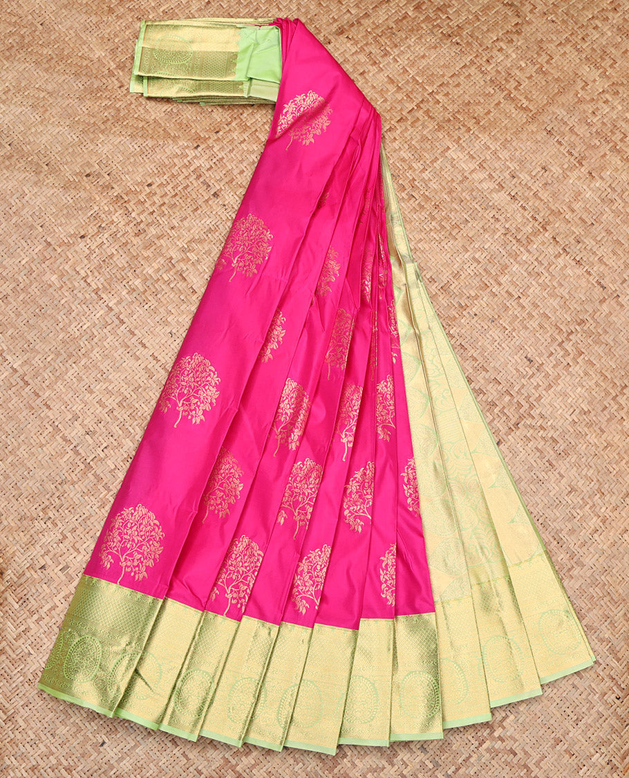Rani Pink Budget Silk Saree, Bedecked with Zari Buttas, Contrast Traditional Zari Border, Grand Pallu, and a Contrast Blouse
