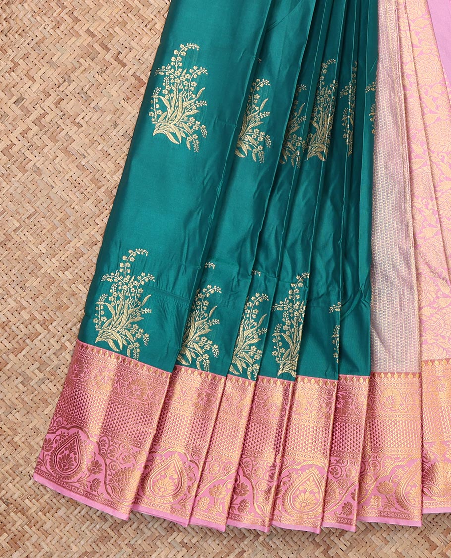 Green Budget Silk Saree, Elevated with Zari Buttas, Complemented by Contrast Traditional Zari Border, Grand Pallu and a Contrast Blouse