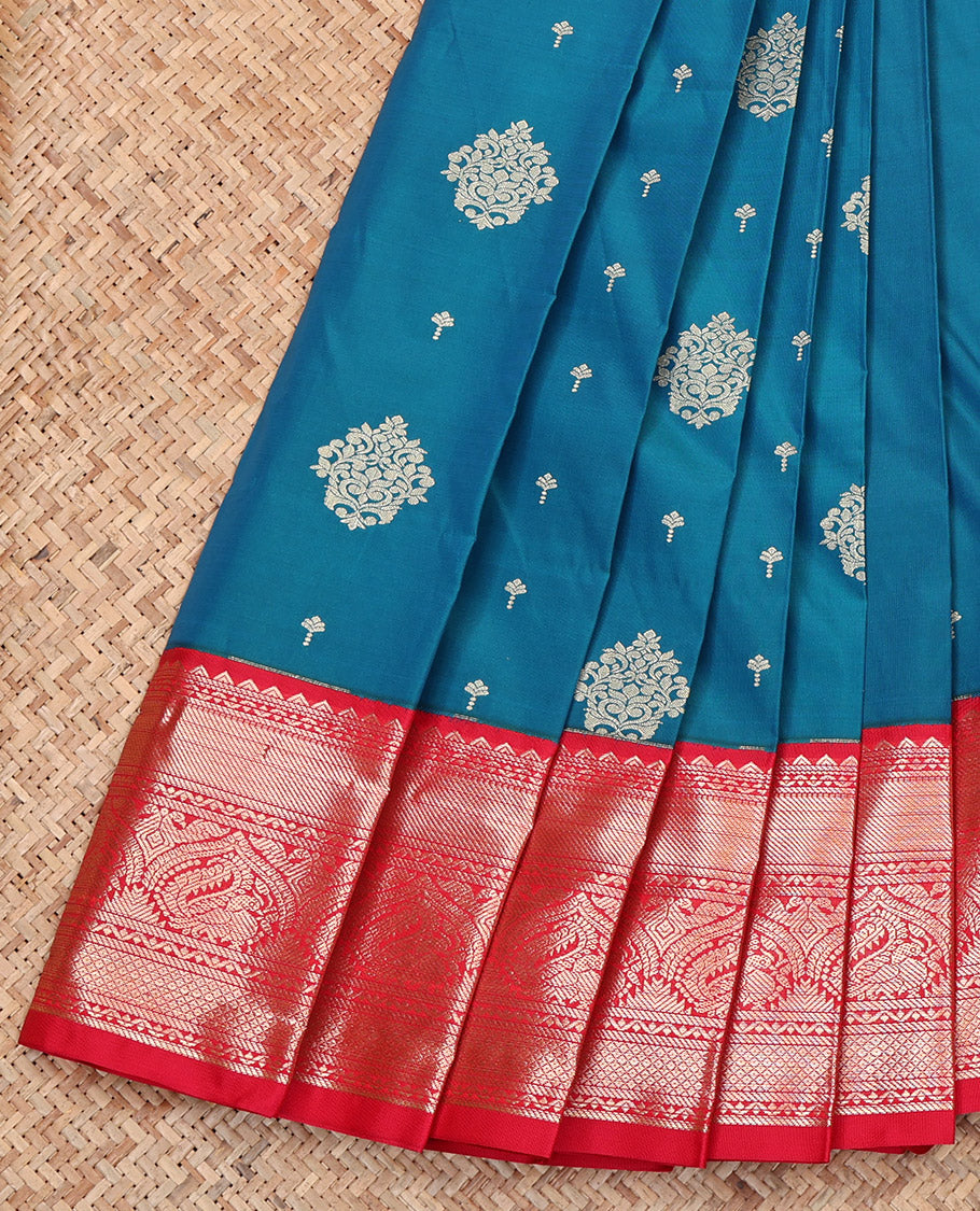 Blue Budget Silk Saree, Graced with Zari Buttas, Complemented by Contrast Tradittional Zari Border, Grand Pallu, and a Contrast Blouse