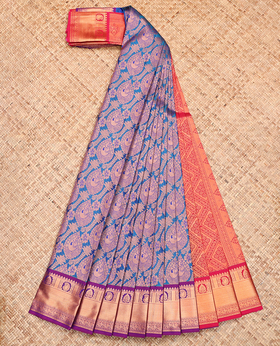 Blue Budget Silk Saree, Ornamented With Jacquard Design, Complemented by Contrast Traditional Zari Border, Grand Pallu and a Contrast Blouse