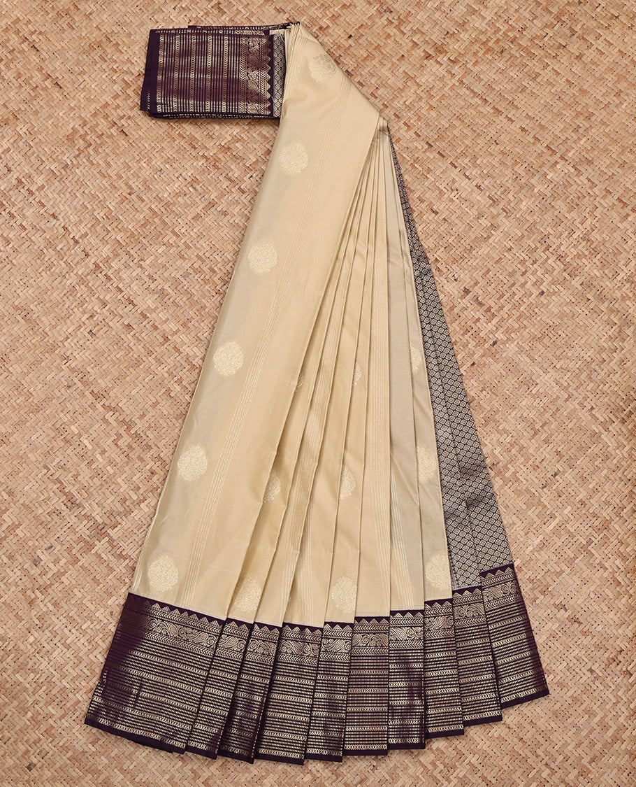 Cream Budget Silk Saree, Beautified with Zari Buttas and Stripes, Complemented by a Contrast Traditional Zari Border, Grand Pallu, and a Contrast Blouse