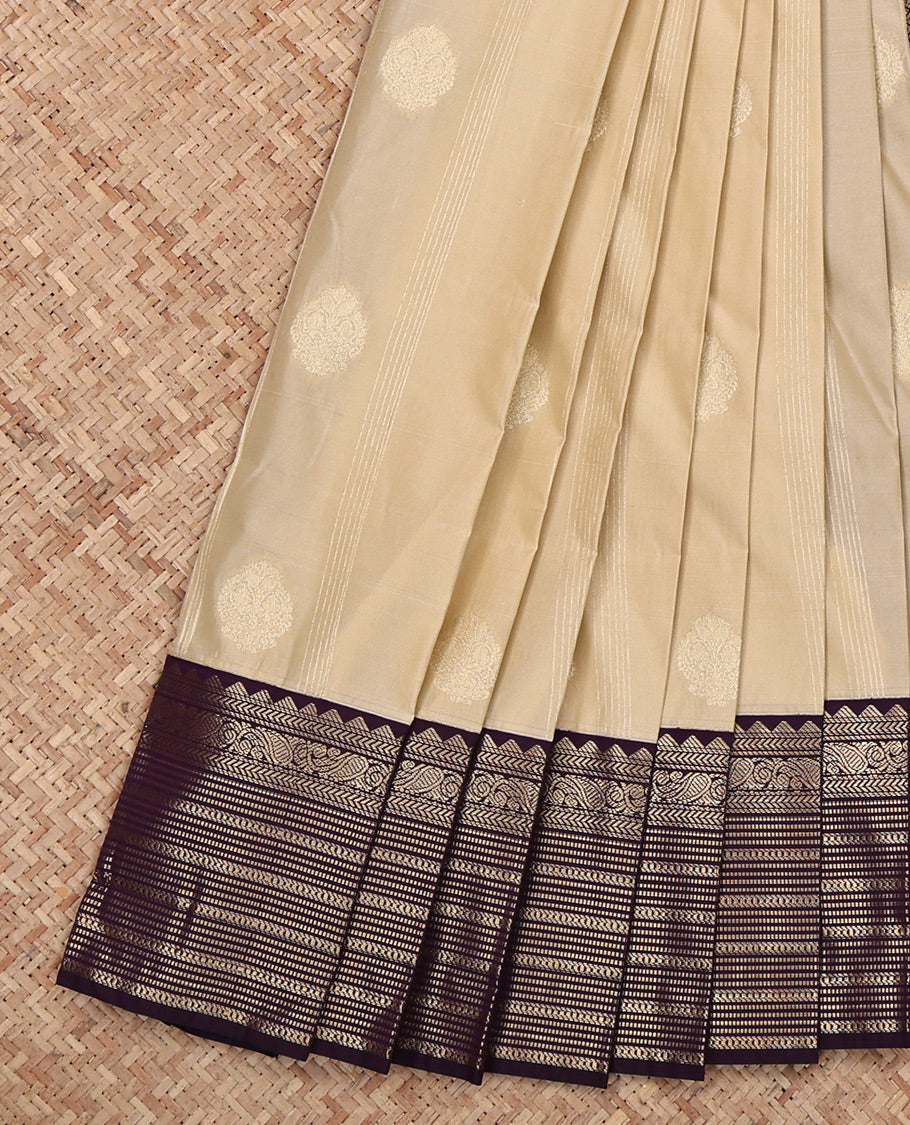 Cream Budget Silk Saree, Beautified with Zari Buttas and Stripes, Complemented by a Contrast Traditional Zari Border, Grand Pallu, and a Contrast Blouse