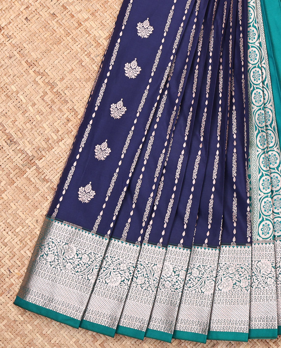 Blue Budget Silk Saree, Decked Up with Zari Buttas, Complemented by a Contrast Traditional Zari Border, Grand Pallu, and a Contrast Blouse