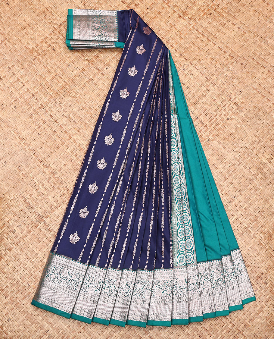 Blue Budget Silk Saree, Decked Up with Zari Buttas, Complemented by a Contrast Traditional Zari Border, Grand Pallu, and a Contrast Blouse