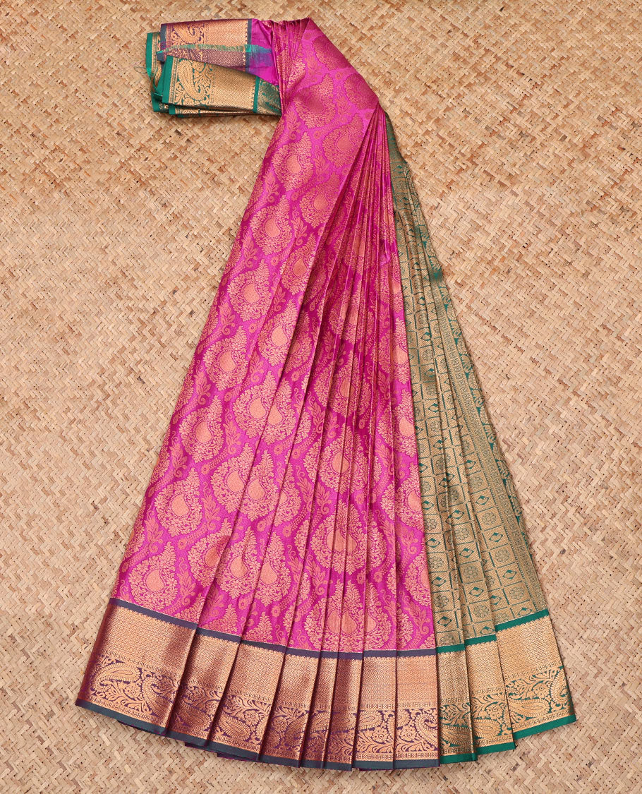 Pink Budget Silk Saree, Artfully Detailed with Jacquard Design, Complemented by a Contrast Traditional Zari Border, Grand Pallu, and Contrast Blouse