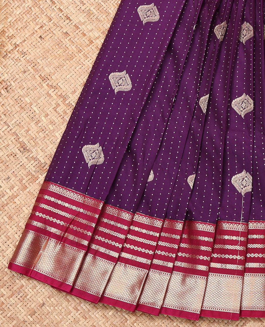 Purple Budget Silk Saree, Steeped with Zari Buttas, Complemented by a Contrast Traditional Border, Grand Pallu, and Contrast Blouse