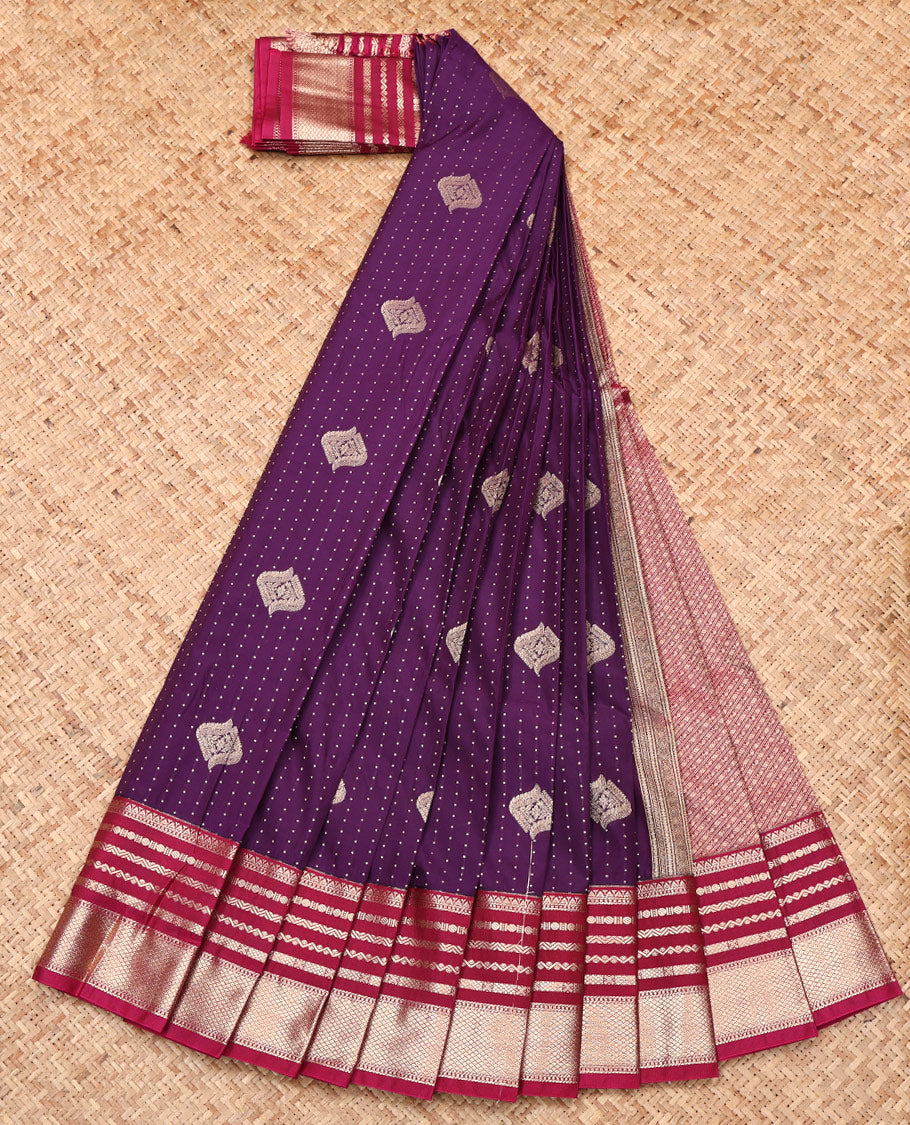 Purple Budget Silk Saree, Steeped with Zari Buttas, Complemented by a Contrast Traditional Border, Grand Pallu, and Contrast Blouse