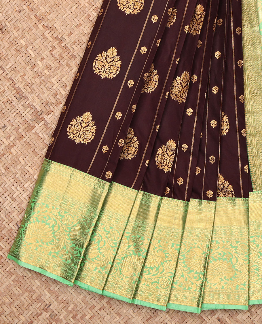 Brown Budget Silk Saree, Mesmerized with Zari Buttas and Stripes, Complemented by a Contrast Traditional Border, Grand Pallu, and a Contrast Blouse