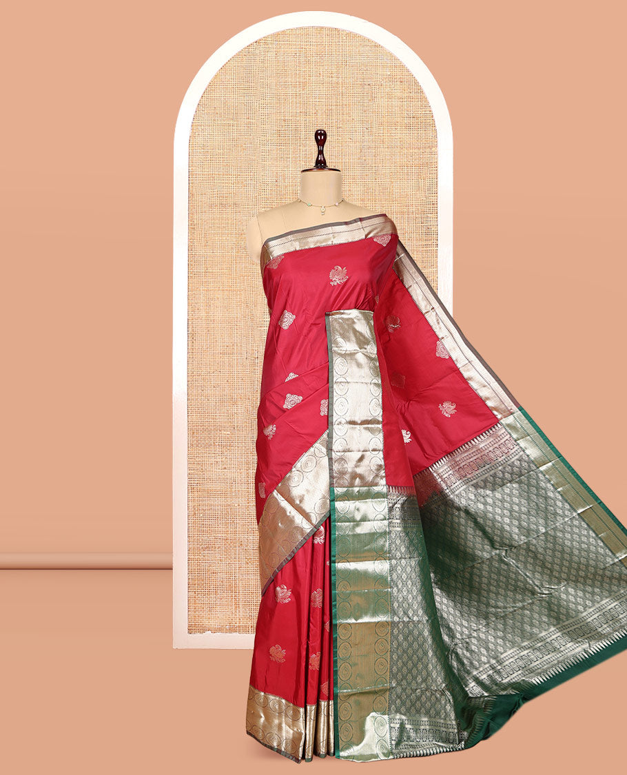 Red Budget Silk Saree, Detailed with Zari Buttas, Complemented by a Contrast Traditional Border, Grand Jaal Pallu, and a Contrast Blouse