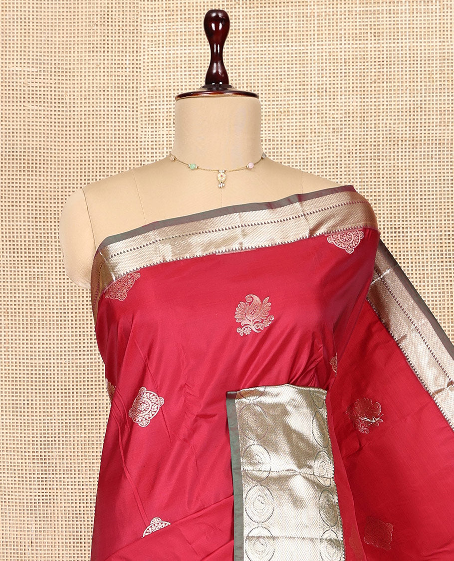 Red Budget Silk Saree, Detailed with Zari Buttas, Complemented by a Contrast Traditional Border, Grand Jaal Pallu, and a Contrast Blouse