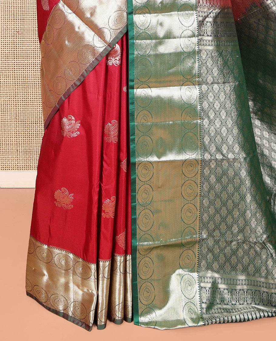 Red Budget Silk Saree, Detailed with Zari Buttas, Complemented by a Contrast Traditional Border, Grand Jaal Pallu, and a Contrast Blouse