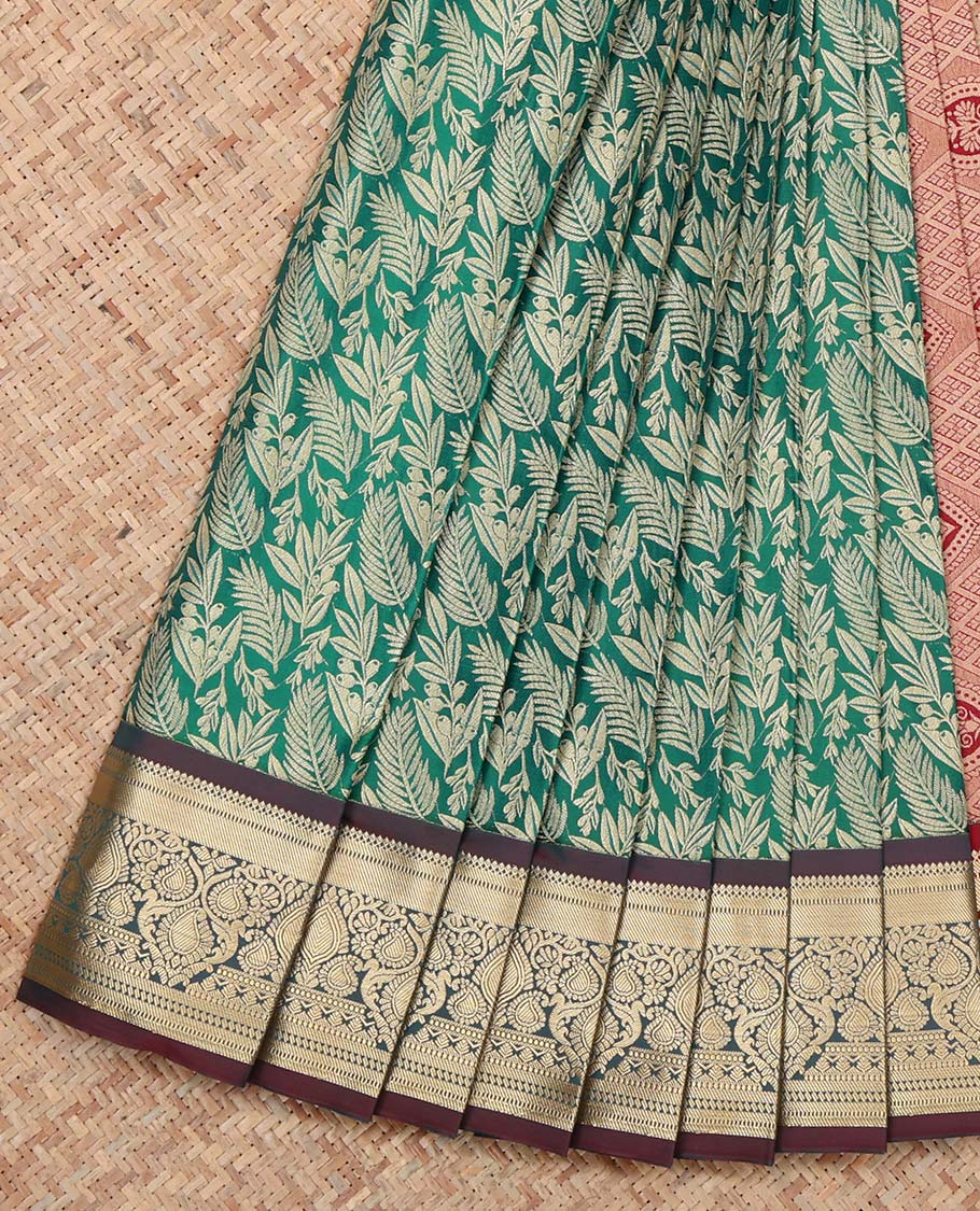 Green Budget Silk Saree, Accentuated with Floral Vine Design, Complemented by Contrast Traditional Zari Border, a Jaal Pallu and a Contrast Blouse