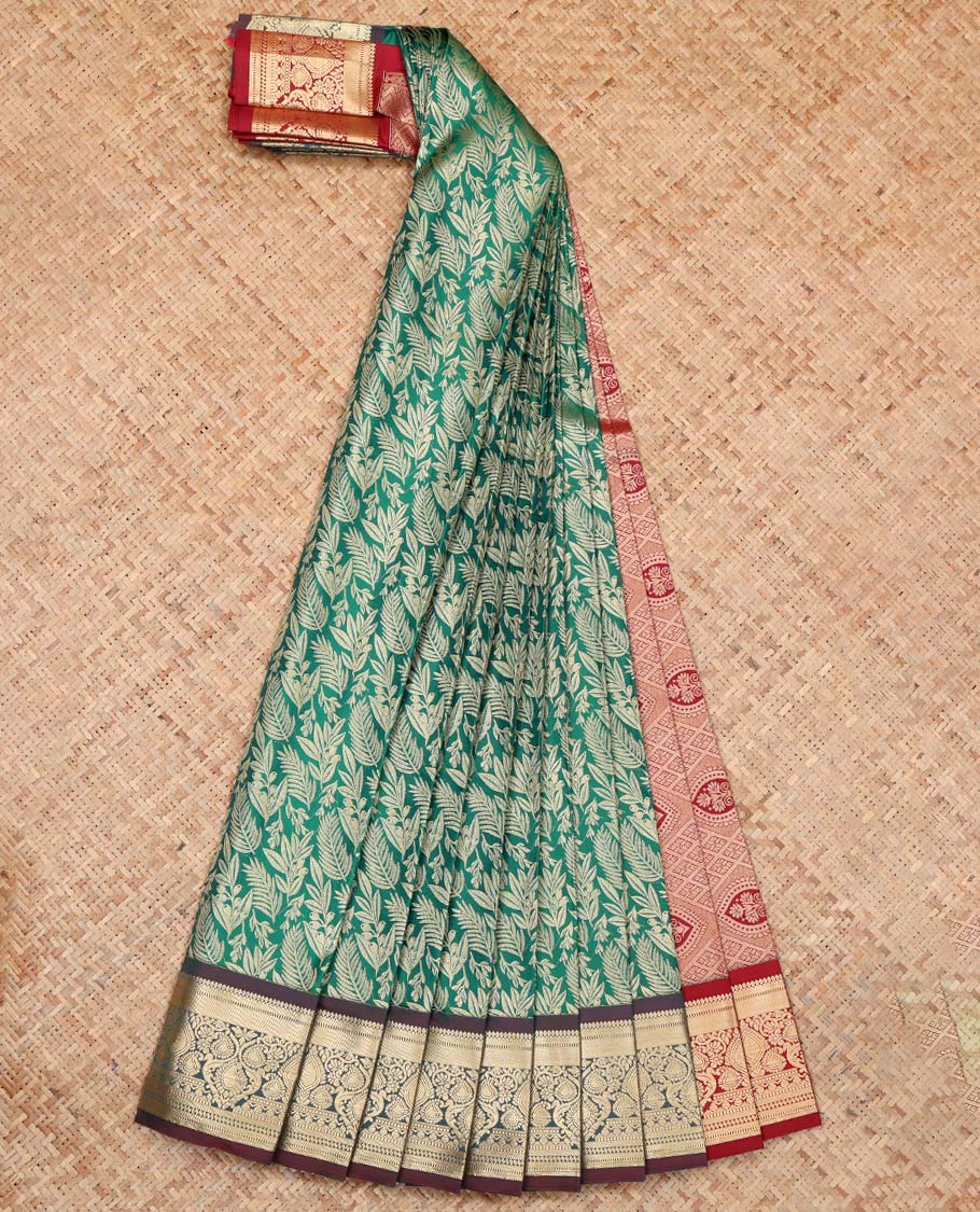 Green Budget Silk Saree, Accentuated with Floral Vine Design, Complemented by Contrast Traditional Zari Border, a Jaal Pallu and a Contrast Blouse