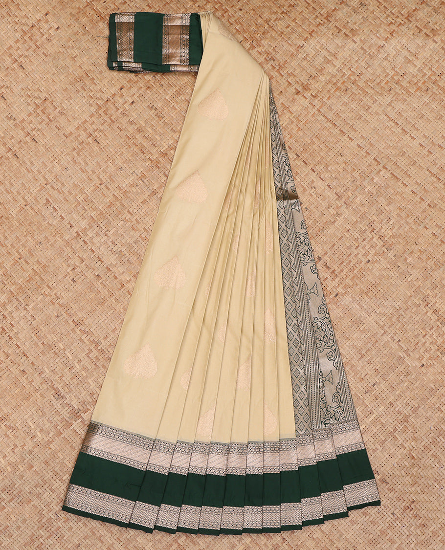 Sandal Budget Silk Saree, Subtly Sparkled with Zari Buttas, Complemented by a Contrast Traditional Zari Rettai Pettu Border, Jaal Pallu, and a Contrast Blouse