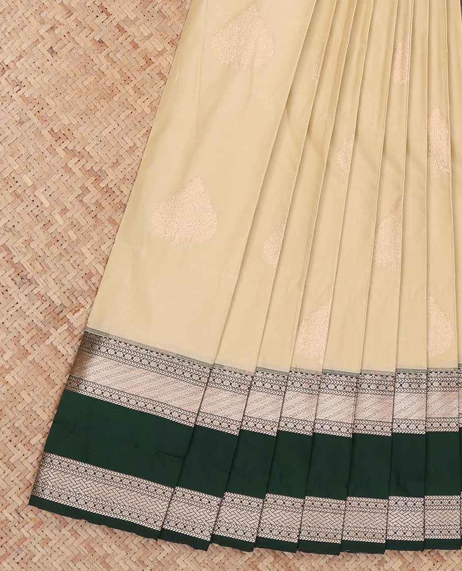 Sandal Budget Silk Saree, Subtly Sparkled with Zari Buttas, Complemented by a Contrast Traditional Zari Rettai Pettu Border, Jaal Pallu, and a Contrast Blouse