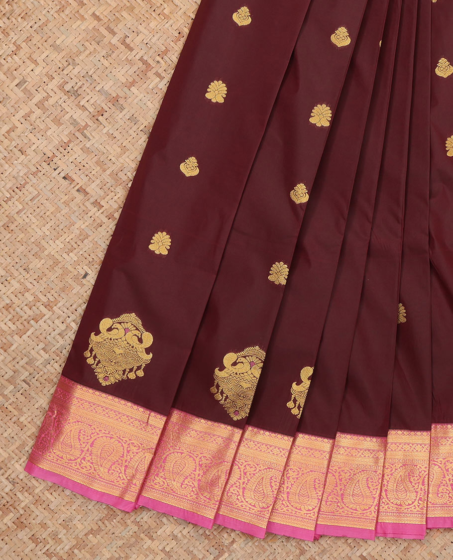 Maroon Budget Silk Saree, Elevated with Zari Buttas, Complemented by Contrast Traditional Zari Border, a Grand Pallu and a Contrast Blouse