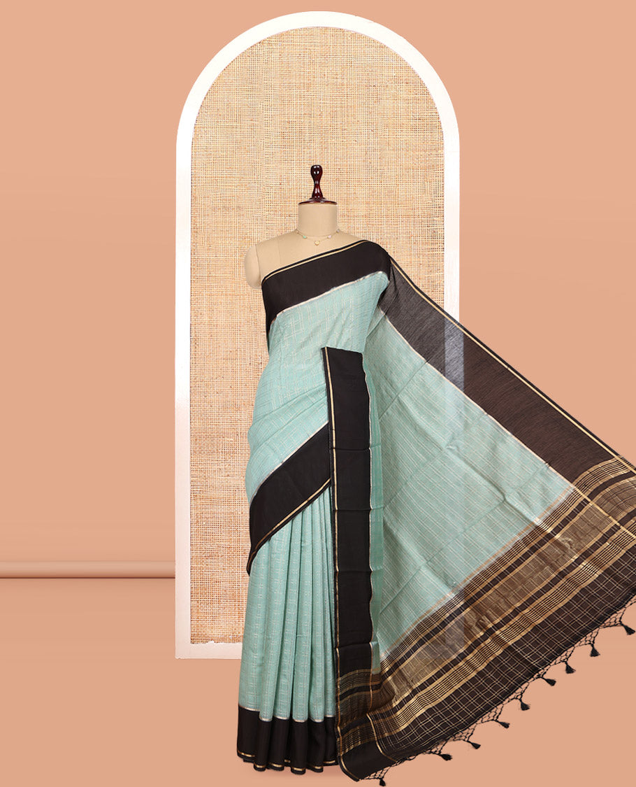 Blue Assam Silk Saree, Accentuated with Zari Checks, Complemented by Contrast Zari Border, Zari Woven Pallu, and Contrast Blouse