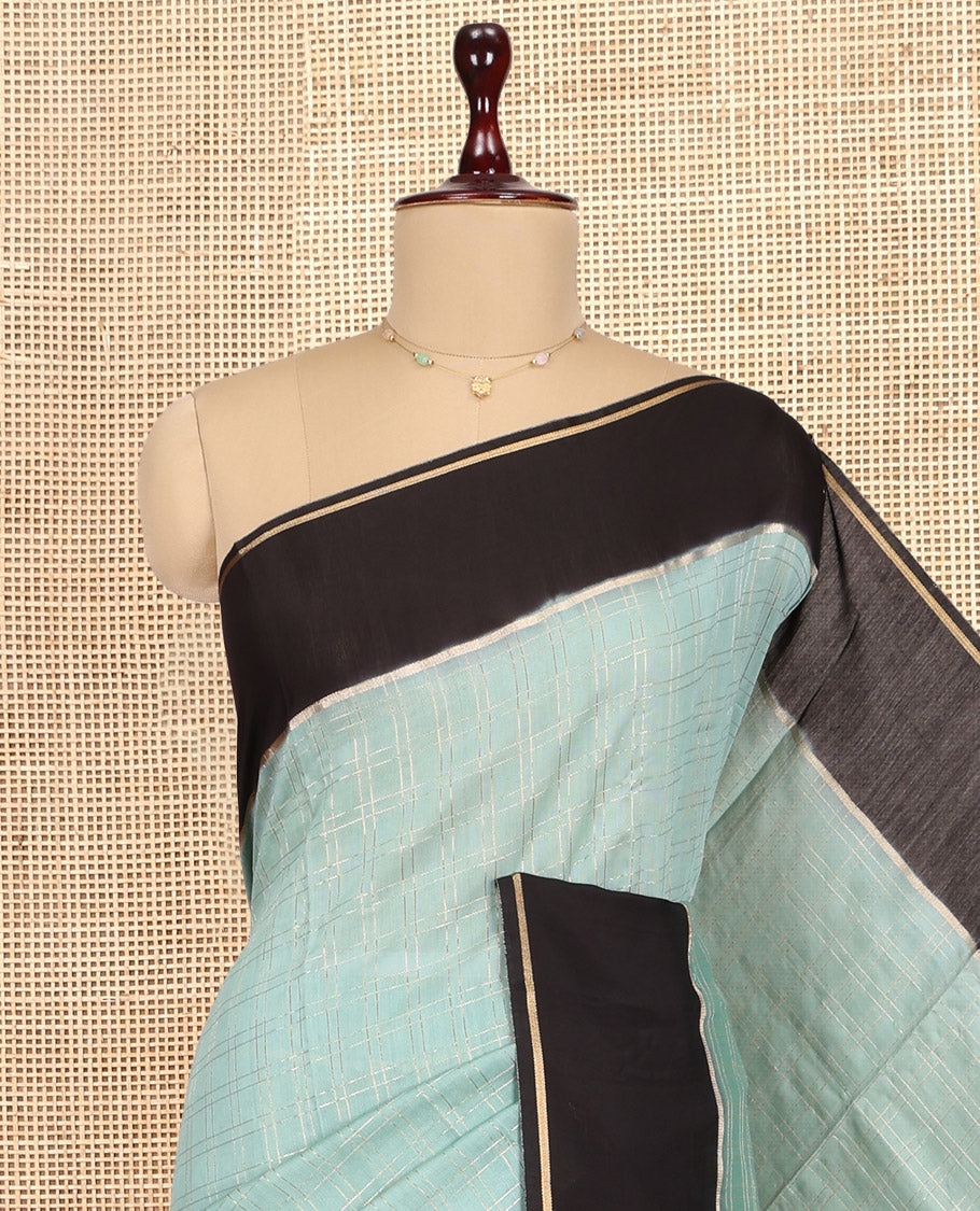Blue Assam Silk Saree, Accentuated with Zari Checks, Complemented by Contrast Zari Border, Zari Woven Pallu, and Contrast Blouse