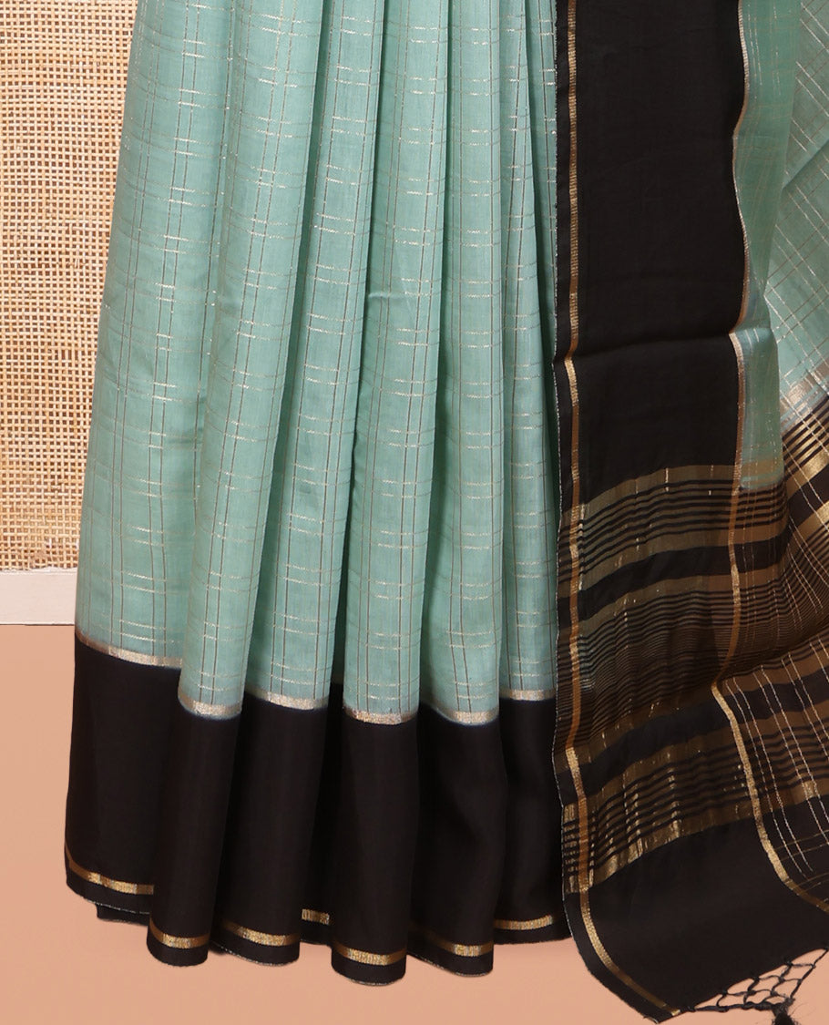 Blue Assam Silk Saree, Accentuated with Zari Checks, Complemented by Contrast Zari Border, Zari Woven Pallu, and Contrast Blouse