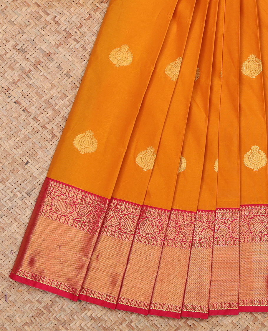 Orange Budget Silk Saree, Gleamed Up with Zari Buttas, a Contrast Traditional Zari Border, Grand Jaal Pallu, and a Contrast Blouse