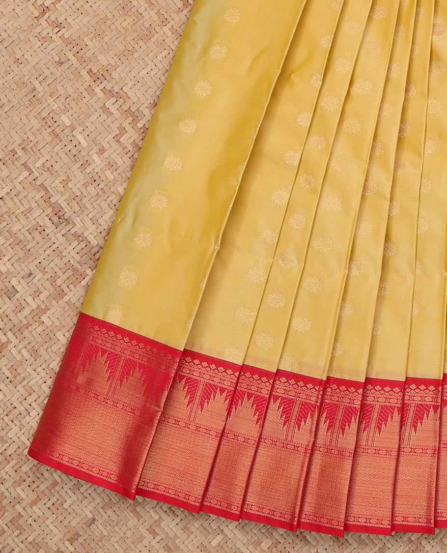 Yellow Budget Silk Saree, Sparsely Sparkled with Zari Buttas, a Contrast Traditional Zari Border, Grand Pallu, and a Contrast Blouse