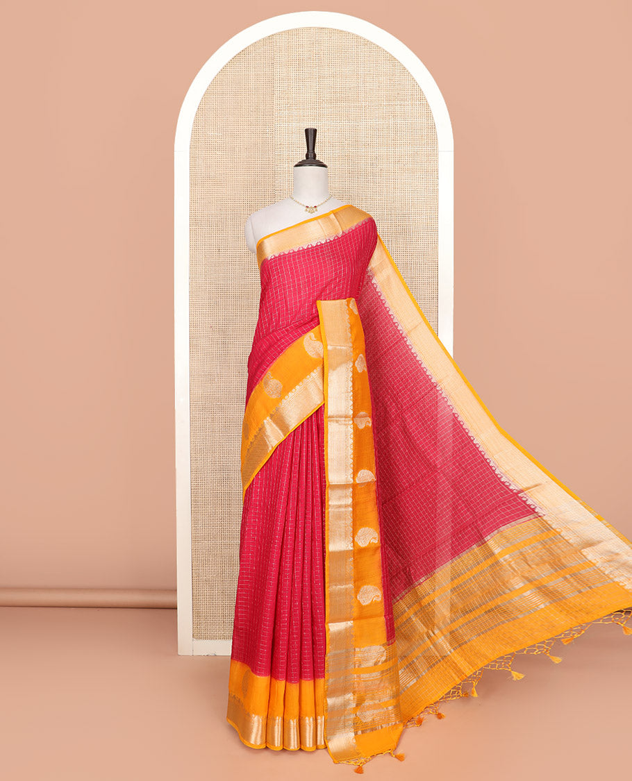 Red zari checked Assam silk saree, contrast traditional zari border of paisleys, and pallu of zari stripes