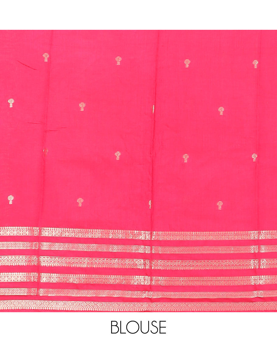 Dark Purple Assam Silk Saree Beautified with Zari Buttas, Complemented by Contrast Zari Border Featuring Traditional Zari Designs, a Gleaming Pallu of Zari Stripes, and Paired with a Contrast Blouse