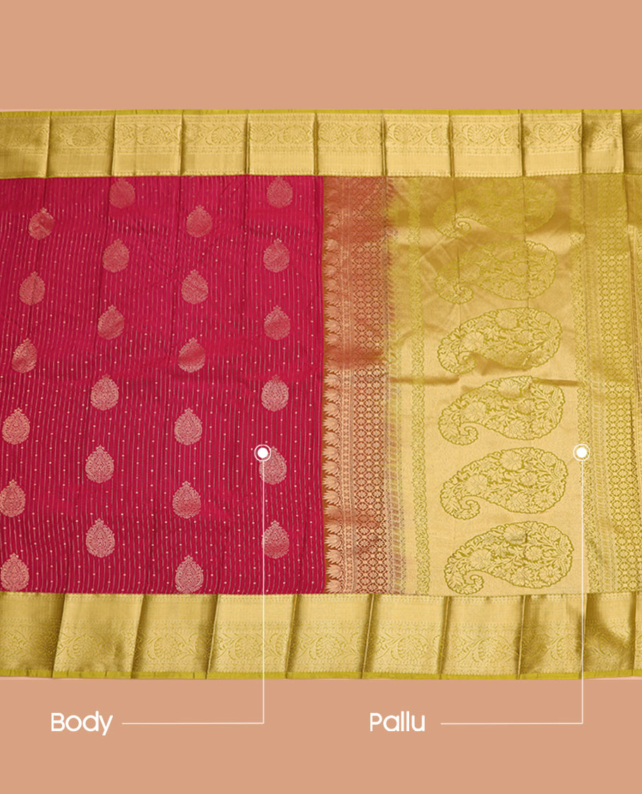 Apple Red Budget Silk Saree Features Zari Designs All Over Its Body, Highlighted with a Contrast Traditional Zari Design Border, Pallu Steeped with Big Paisleys, and a Contrast Zari-Bordered Blouse