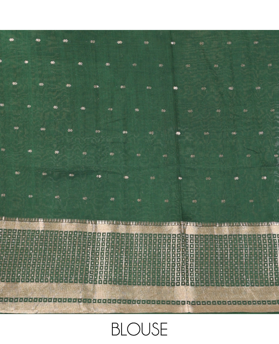 Pista Green Assam Silk Saree Adorned with All-Over Buttas, Featuring a Contrast Temple Border of Butta Enclosed Checked Design, a Pallu Steeped with Zari Stripes, and Paired with a Contrast Zari Design Blouse