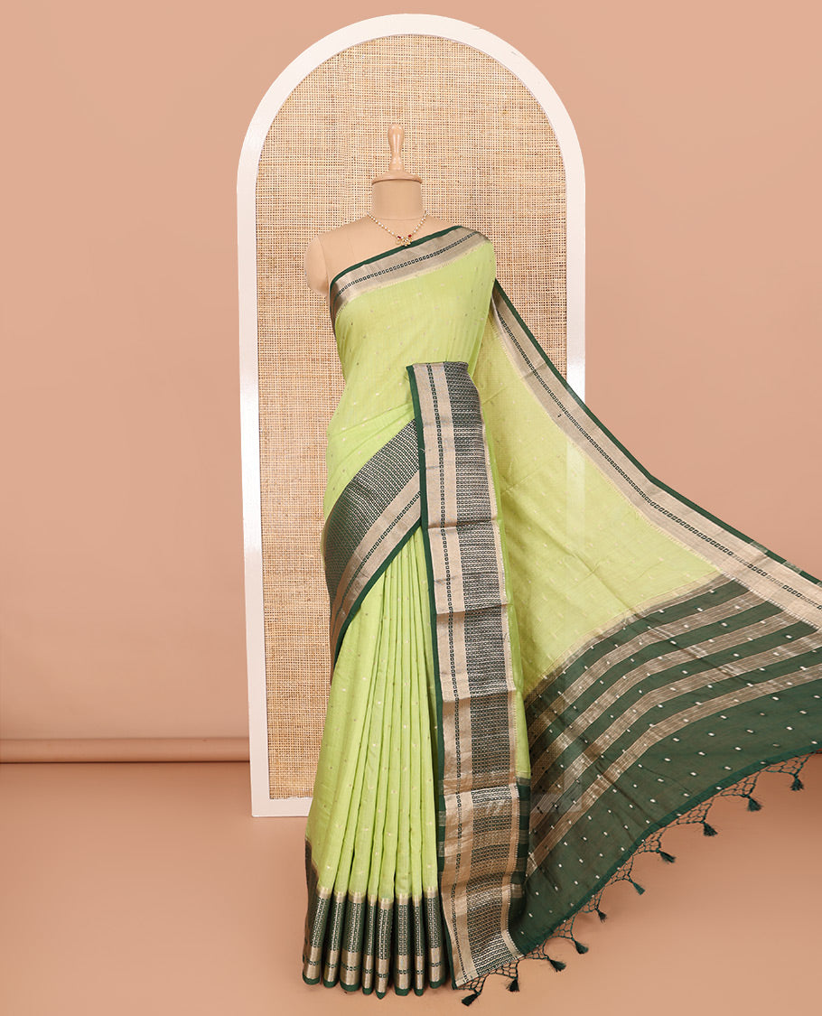 Pista Green Assam Silk Saree Adorned with All-Over Buttas, Featuring a Contrast Temple Border of Butta Enclosed Checked Design, a Pallu Steeped with Zari Stripes, and Paired with a Contrast Zari Design Blouse