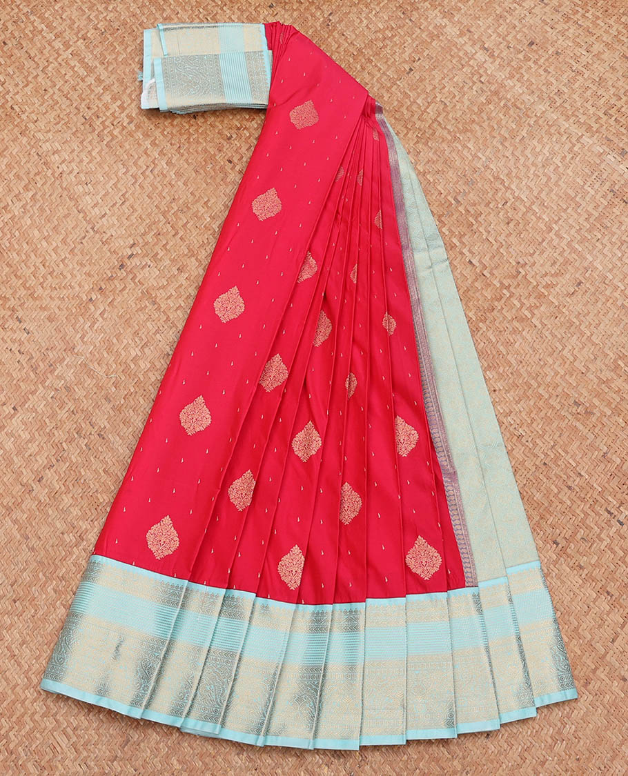 Red Budget Silk Saree, Prettified with Zari Buttas, Complemented by a Contrast Traditional Zari Design Border, Grand Pallu, and a Contrast Blouse