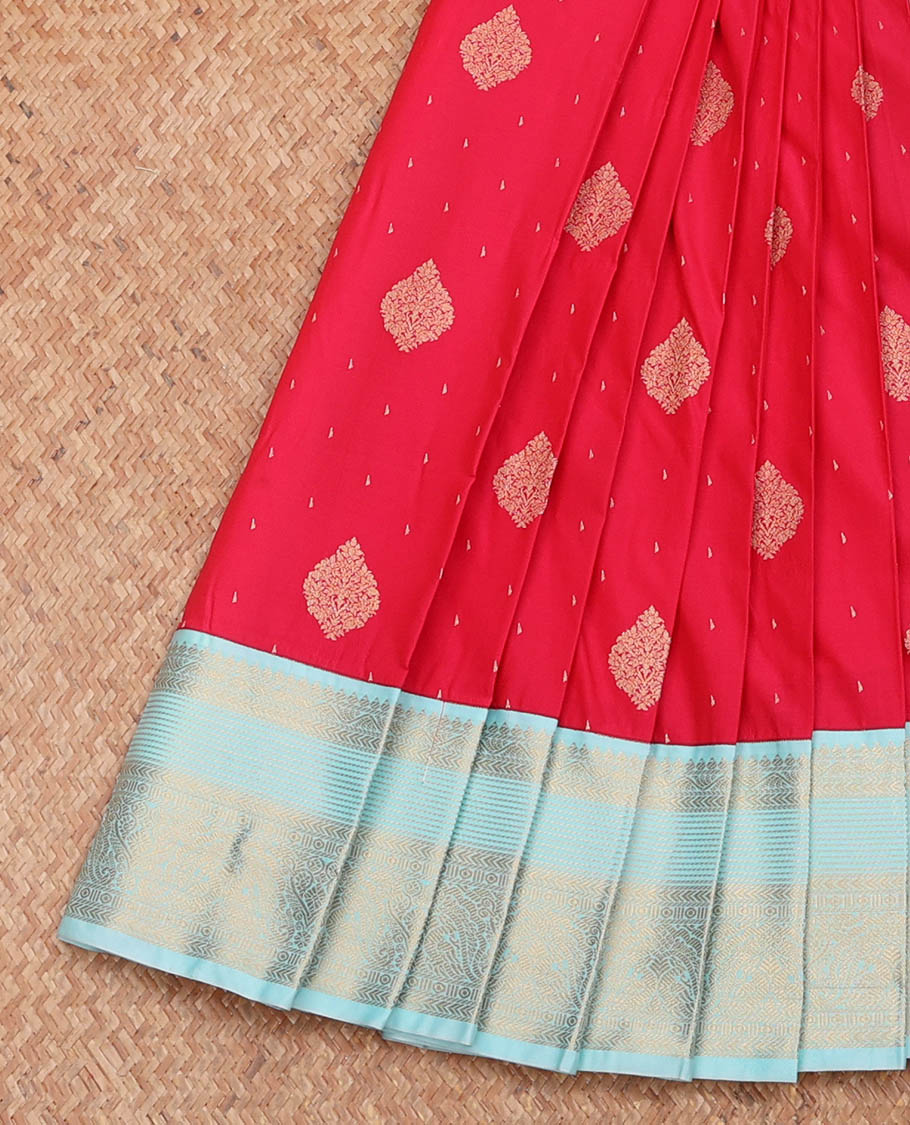 Red Budget Silk Saree, Prettified with Zari Buttas, Complemented by a Contrast Traditional Zari Design Border, Grand Pallu, and a Contrast Blouse