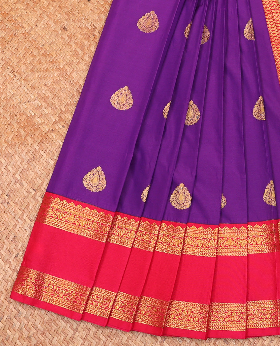 Violet Budget Silk Saree, Boldly Accentuated With Zari Buttas All Over Its Body, Complemented by Contrast Traditional Zari Designs Rettai Pettu Border, Grand Jaal Pallu and Paired with a Contrast Blouse