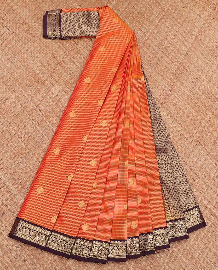 Orange Budget Silk Saree, Richly Detailed with Zari Buttas and Checks, Complemented by a Contrast Traditional Zari Border, Jaal Pallu, and Contrast Blouse