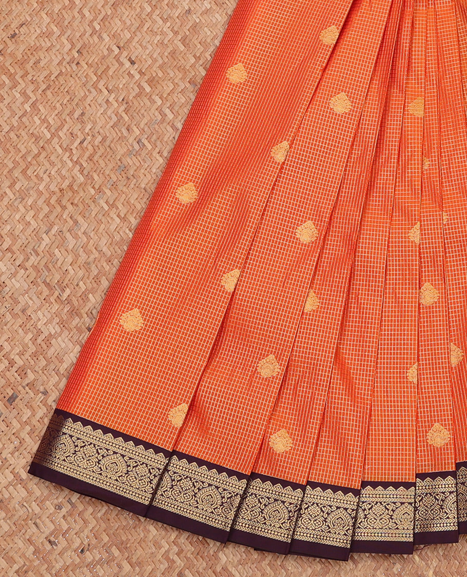 Orange Budget Silk Saree, Richly Detailed with Zari Buttas and Checks, Complemented by a Contrast Traditional Zari Border, Jaal Pallu, and Contrast Blouse