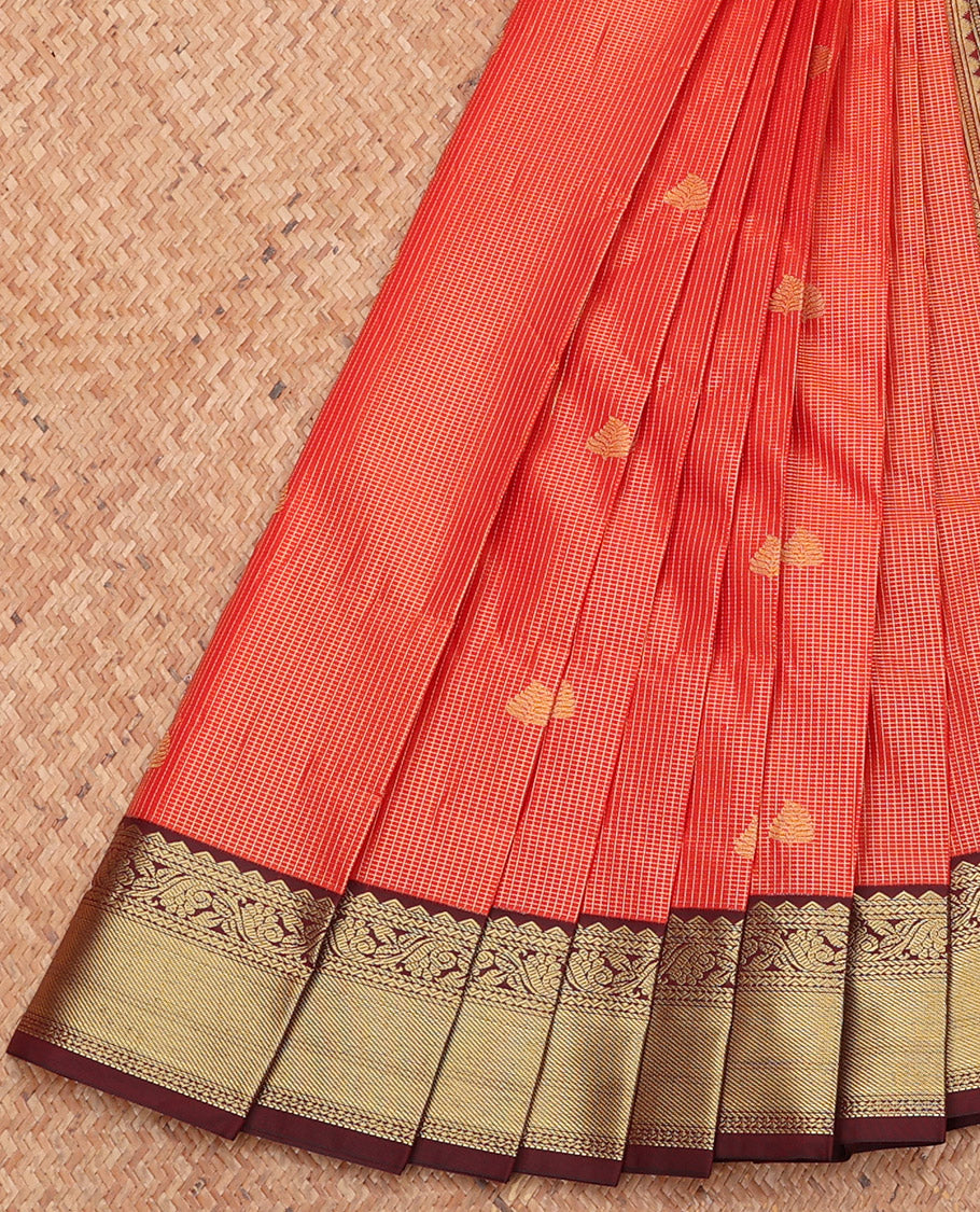 Orange Budget Silk Saree, Decorated with Zari Buttas and Checks, Complemented by a Contrast Traditional Zari Border, Grand Pallu, and a Contrast Blouse