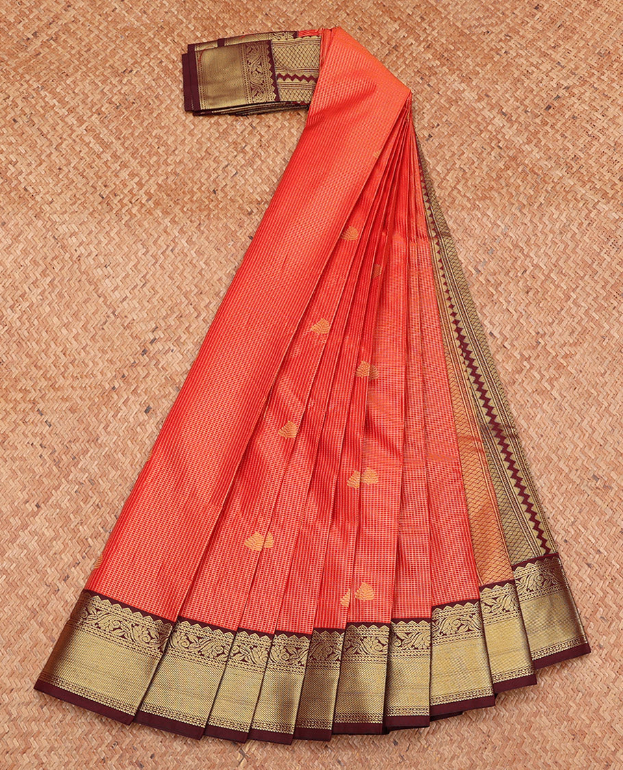 Orange Budget Silk Saree, Decorated with Zari Buttas and Checks, Complemented by a Contrast Traditional Zari Border, Grand Pallu, and a Contrast Blouse