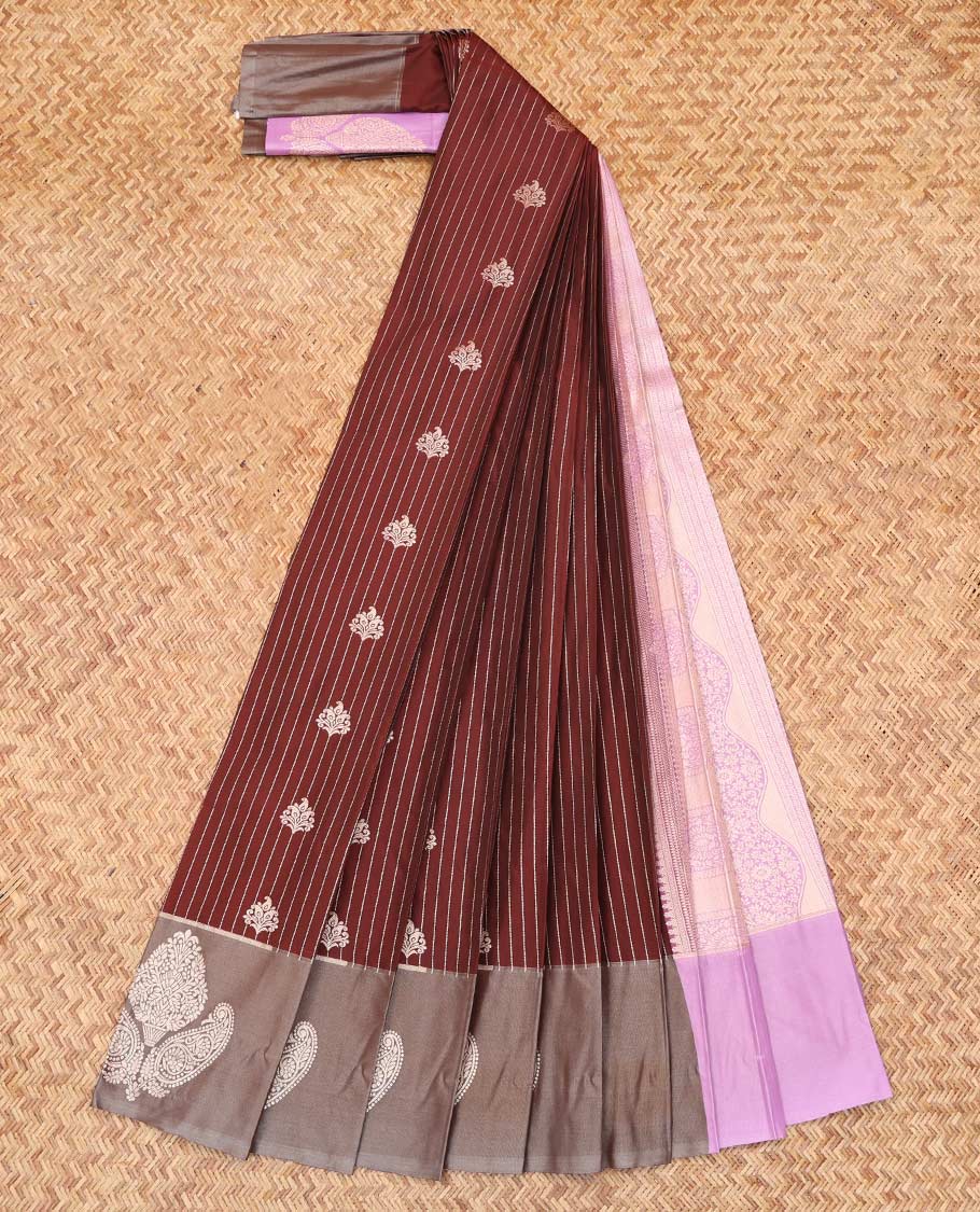 Maroon Budget Silk Saree, Adorned with Stripes and Buttas, Complemented by Contrast Zari Motif Border, a Grand Pallu and a Contrast Blouse