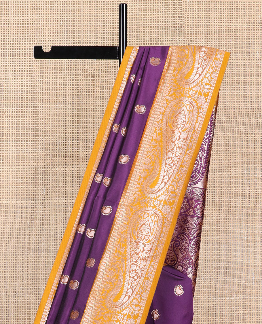 Violet floral motifs butter silk saree with contrast paisley design border & floral, paisley design pallu
