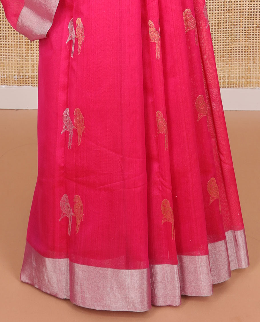 Red parrot motifs chanderi cotton saree with self zari border & striped pallu