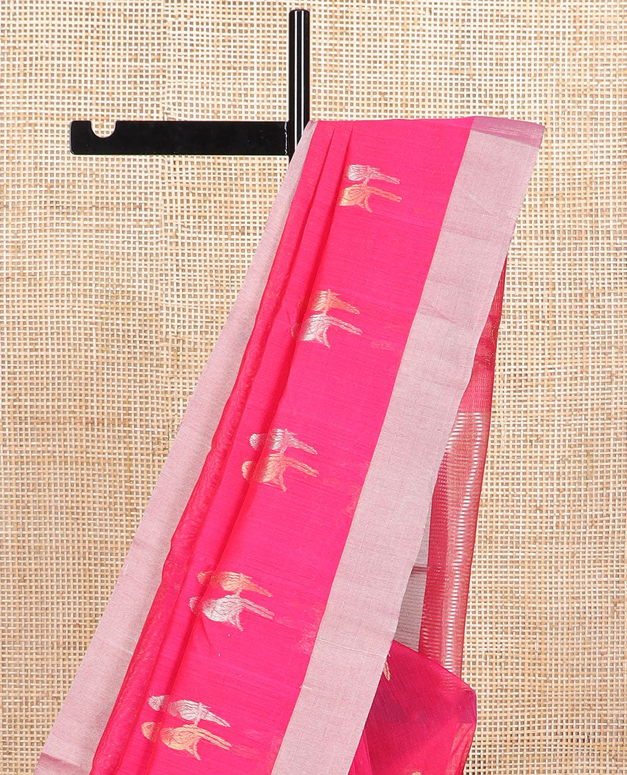 Red parrot motifs chanderi cotton saree with self zari border & striped pallu
