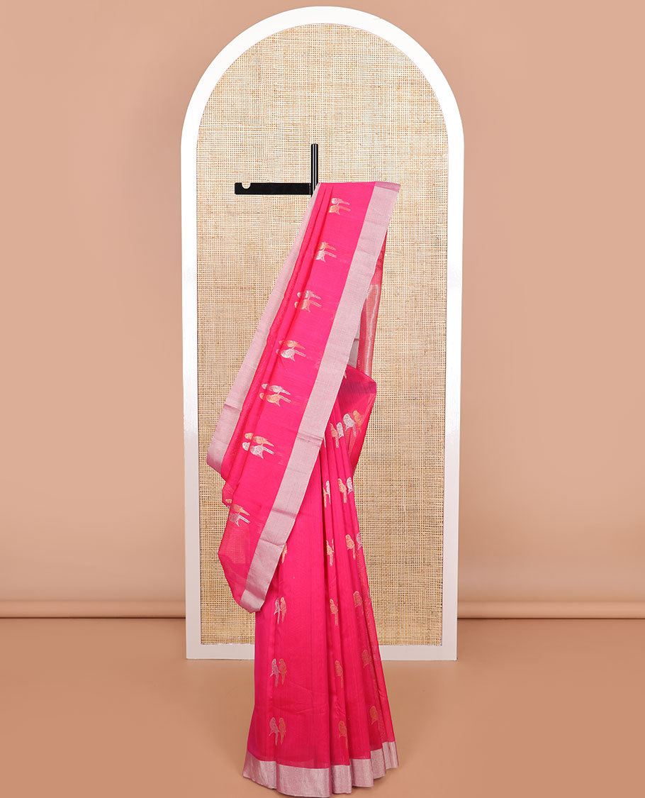 Red parrot motifs chanderi cotton saree with self zari border & striped pallu