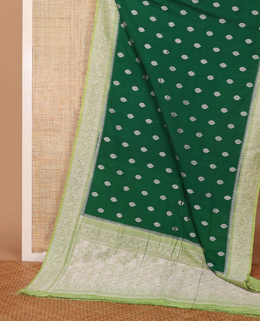Green zari buttas fancy crepe saree, contrast traditional zari border & intricate pallu